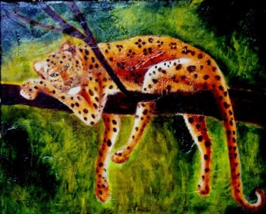 Painting titled "léopard" by Nelly Quéré Cougard, Original Artwork, Oil