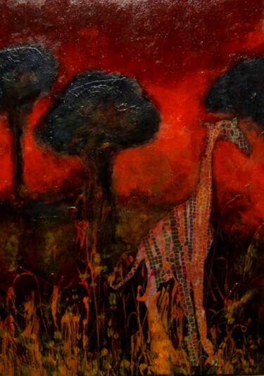 Painting titled "girafe au crépuscule" by Nelly Quéré Cougard, Original Artwork, Oil