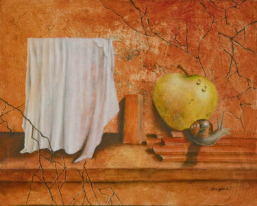 Painting titled "la pomme et l'escar…" by Nelly Quéré Cougard, Original Artwork, Oil