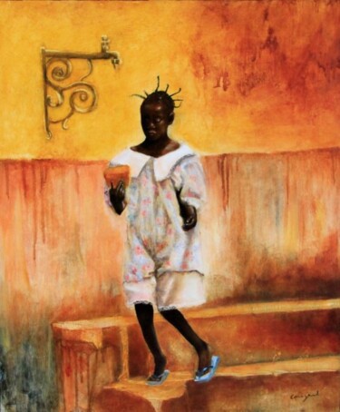 Painting titled "A la fontaine2" by Nelly Quéré Cougard, Original Artwork, Oil