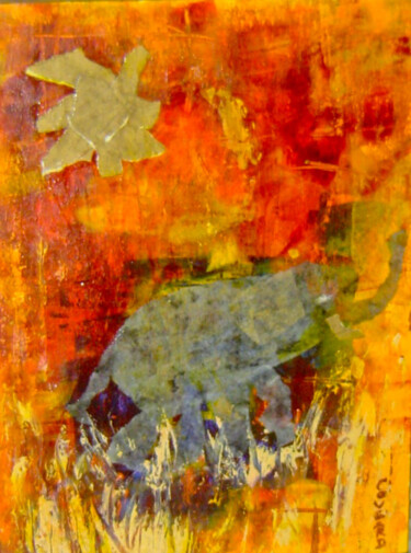 Painting titled "l'éléphant" by Nelly Quéré Cougard, Original Artwork, Oil Mounted on Glass