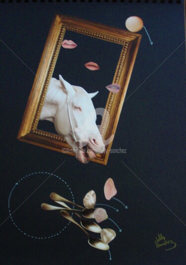 Collages intitolato "Le Cheval du tiroir…" da Nelly Sanchez, Opera d'arte originale, Collages