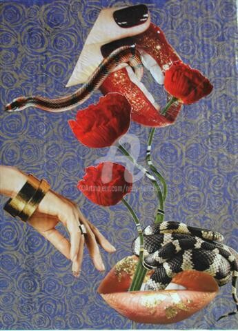 Colagens intitulada "Des serpents sur le…" por Nelly Sanchez, Obras de arte originais