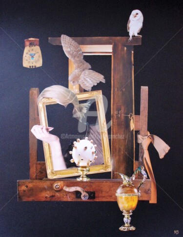 Collagen mit dem Titel "Autoportrait en blo…" von Nelly Sanchez, Original-Kunstwerk, Collagen