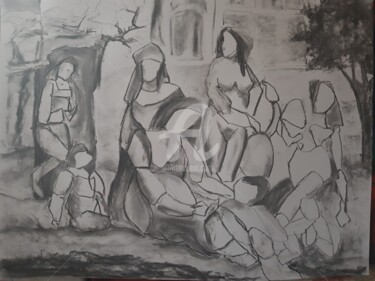 Drawing titled "Déjeuner sur l'herbe" by Nelly Coudoux, Original Artwork, Charcoal