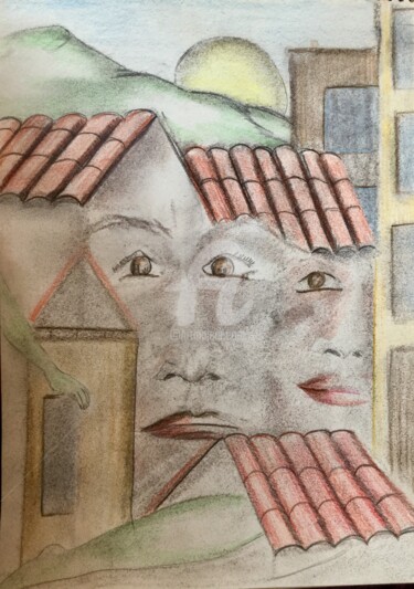 Dessin intitulée "Entre les murs" par Nelly Coudoux, Œuvre d'art originale, Crayon