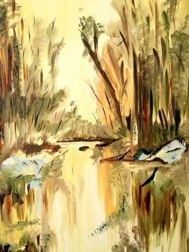 Painting titled "Au bord du ruisseau" by Nelly Marlier, Original Artwork, Oil Mounted on Wood Stretcher frame