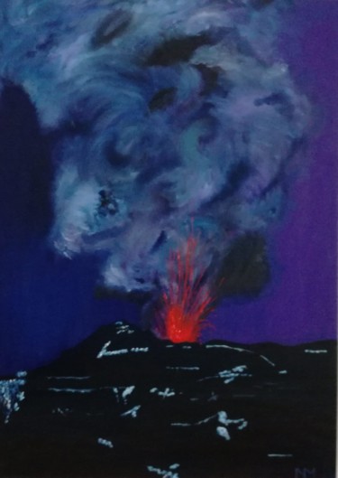 Painting titled "Etna, Fire Fountain" by Nelly Marlier, Original Artwork, Oil Mounted on Wood Stretcher frame