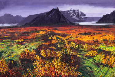 Painting titled "Iceland, Tundra in…" by Nelly Marlier, Original Artwork, Oil Mounted on Wood Stretcher frame