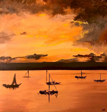 Peinture intitulée "Gold sunset" par Nelly Marlier, Œuvre d'art originale, Huile