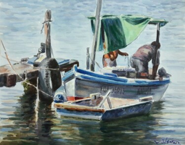 Painting titled "Muelle" by Nelson Labrada, Original Artwork, Watercolor