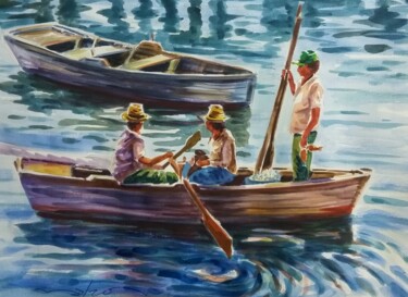 Painting titled "Pescadores" by Nelson Labrada, Original Artwork, Watercolor