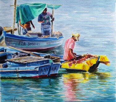 Pittura intitolato "La pesca" da Nelson Labrada, Opera d'arte originale, Acquarello