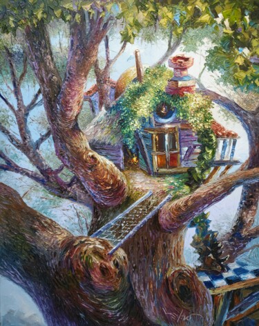 Painting titled "La casa del árbol" by Nelson Labrada, Original Artwork, Oil Mounted on Wood Stretcher frame