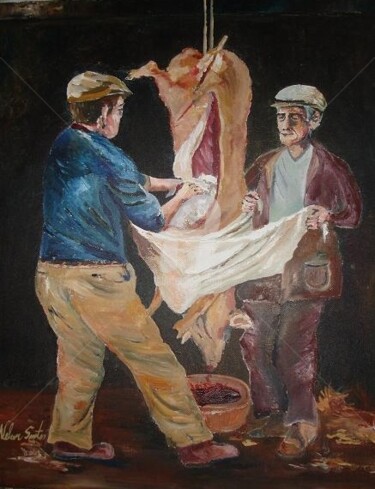 Peinture intitulée "Matança do porco" par Nelson Santos, Œuvre d'art originale