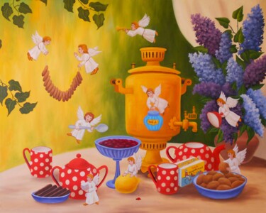 Pittura intitolato "Angelic Tea Party" da Vladimir Dvizov, Opera d'arte originale, Olio