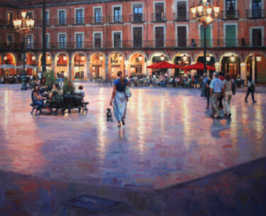 Картина под названием "Plaza Mayor de León" - Nemesio Balsera, Подлинное произведение искусства, Масло Установлен на Деревян…