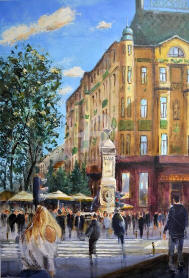 Painting titled "Terazije Square And…" by Nenad Kojić, Original Artwork, Acrylic Mounted on Wood Stretcher frame