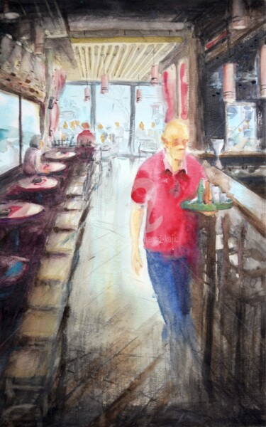 Schilderij getiteld "Red Bar Inside 46x2…" door Nenad Kojić, Origineel Kunstwerk, Aquarel