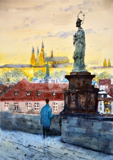 Painting titled "Twilight In Prague…" by Nenad Kojić, Original Artwork, Watercolor