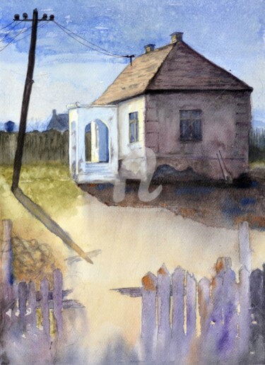 Painting titled "House On The Road" by Nenad Kojić, Original Artwork, Watercolor