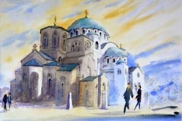 Painting titled "Crkva I Hram Svetog…" by Nenad Kojić, Original Artwork, Watercolor