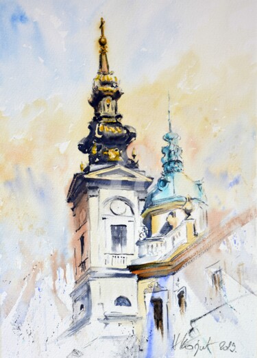 Painting titled "Two Domes In Light…" by Nenad Kojić, Original Artwork, Watercolor