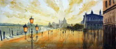 Pintura intitulada "Orange Sundown In V…" por Nenad Kojić, Obras de arte originais, Aquarela