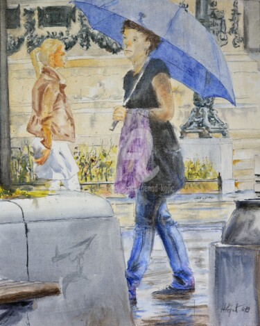 Painting titled "Blue Umbrella In Be…" by Nenad Kojić, Original Artwork, Watercolor Mounted on Cardboard