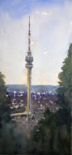 Картина под названием "Tower on Avala Belg…" - Nenad Kojić, Подлинное произведение искусства, Акварель