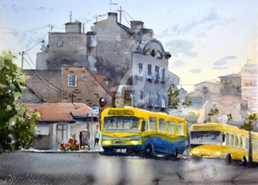 Painting titled "Dva žuta autobusa/T…" by Nenad Kojić, Original Artwork, Watercolor