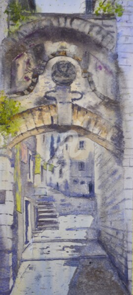 Painting titled "Gate Of Kotor Old T…" by Nenad Kojić, Original Artwork, Watercolor