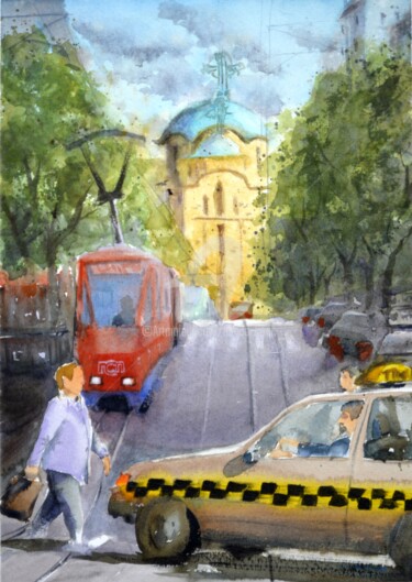 Peinture intitulée "Resavska street Bel…" par Nenad Kojić, Œuvre d'art originale, Aquarelle
