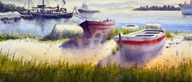 Peinture intitulée "Boat rest Krf Corfu…" par Nenad Kojić, Œuvre d'art originale, Aquarelle