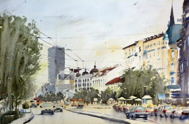 Картина под названием "Traffic on Terazije…" - Nenad Kojić, Подлинное произведение искусства, Акварель
