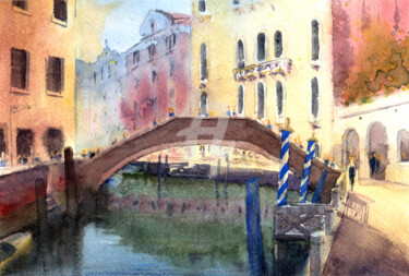 Peinture intitulée "Venice Bridge Italy…" par Nenad Kojić, Œuvre d'art originale, Aquarelle