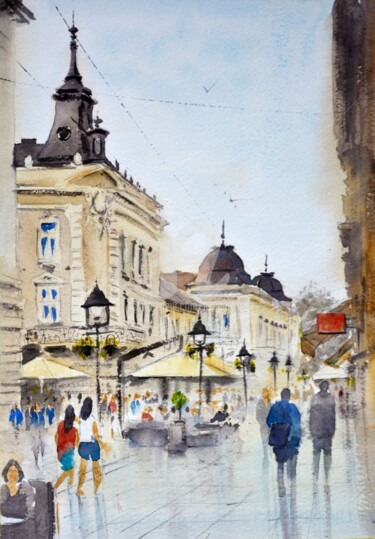 Painting titled "Choco cafe in Knez…" by Nenad Kojić, Original Artwork, Watercolor