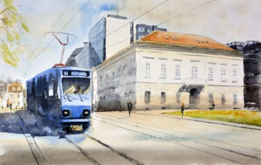 Schilderij getiteld "Blue Tram No.2 Beog…" door Nenad Kojić, Origineel Kunstwerk, Aquarel