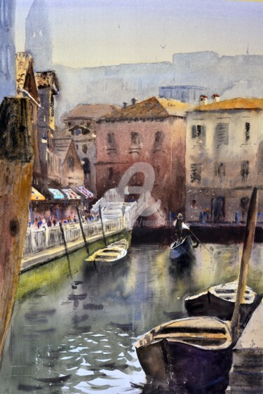 Painting titled "Gondola before brid…" by Nenad Kojić, Original Artwork, Watercolor