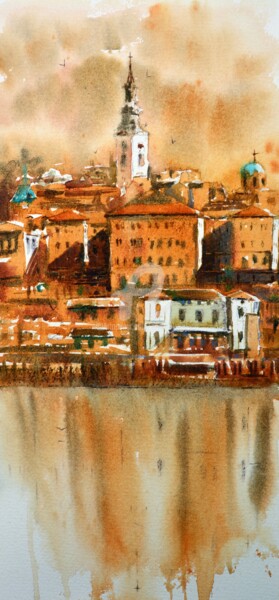 Painting titled "Warm Sava view Belg…" by Nenad Kojić, Original Artwork, Watercolor