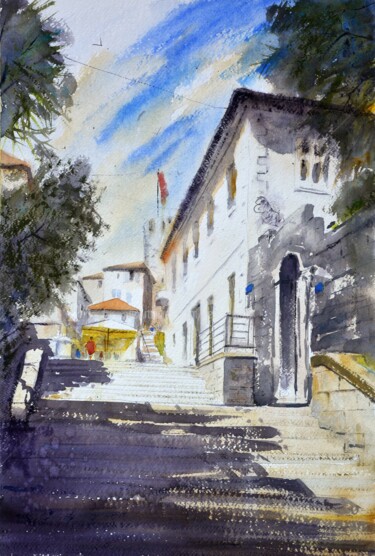 Pintura intitulada "Stairway with shado…" por Nenad Kojić, Obras de arte originais, Aquarela
