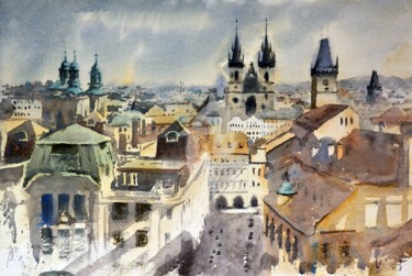 Peinture intitulée "Roofs of Prague 53x…" par Nenad Kojić, Œuvre d'art originale, Aquarelle