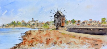 Malarstwo zatytułowany „Windmill in red old…” autorstwa Nenad Kojić, Oryginalna praca, Akwarela