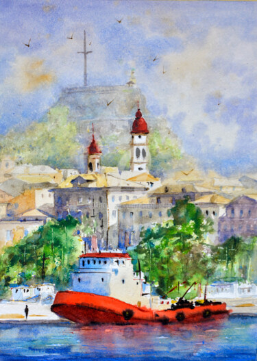 Painting titled "Red tug-boat Kerkyr…" by Nenad Kojić, Original Artwork, Watercolor
