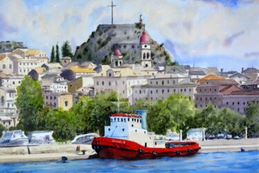 Schilderij getiteld "Big red tug-boat Ke…" door Nenad Kojić, Origineel Kunstwerk, Aquarel
