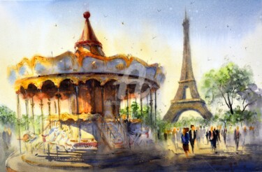 Pittura intitolato "Carousel at Eiffel…" da Nenad Kojić, Opera d'arte originale, Acquarello