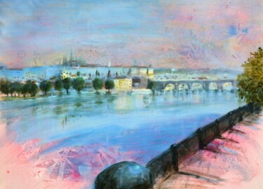 Painting titled "Prague vista in red…" by Nenad Kojić, Original Artwork, Acrylic