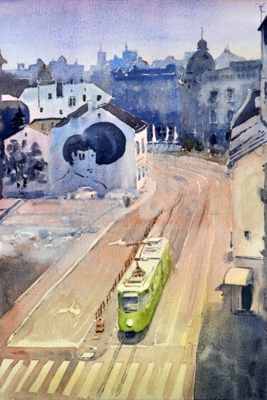 Pintura intitulada "Stari zeleni tramva…" por Nenad Kojić, Obras de arte originais, Aquarela