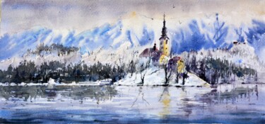 Pittura intitolato "Bled Lake Slovenia…" da Nenad Kojić, Opera d'arte originale, Acquarello