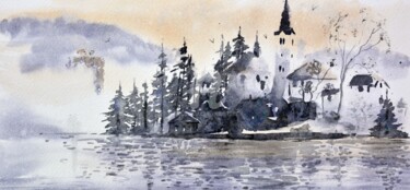 Pittura intitolato "Bled Lake Slovenia…" da Nenad Kojić, Opera d'arte originale, Acquarello